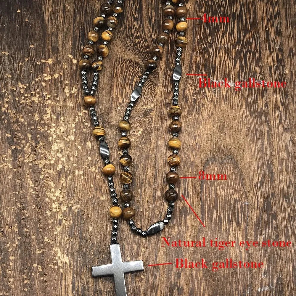 Hand-woven stone cross pendant necklace on 80cm ball bead chain, unisex geometric design