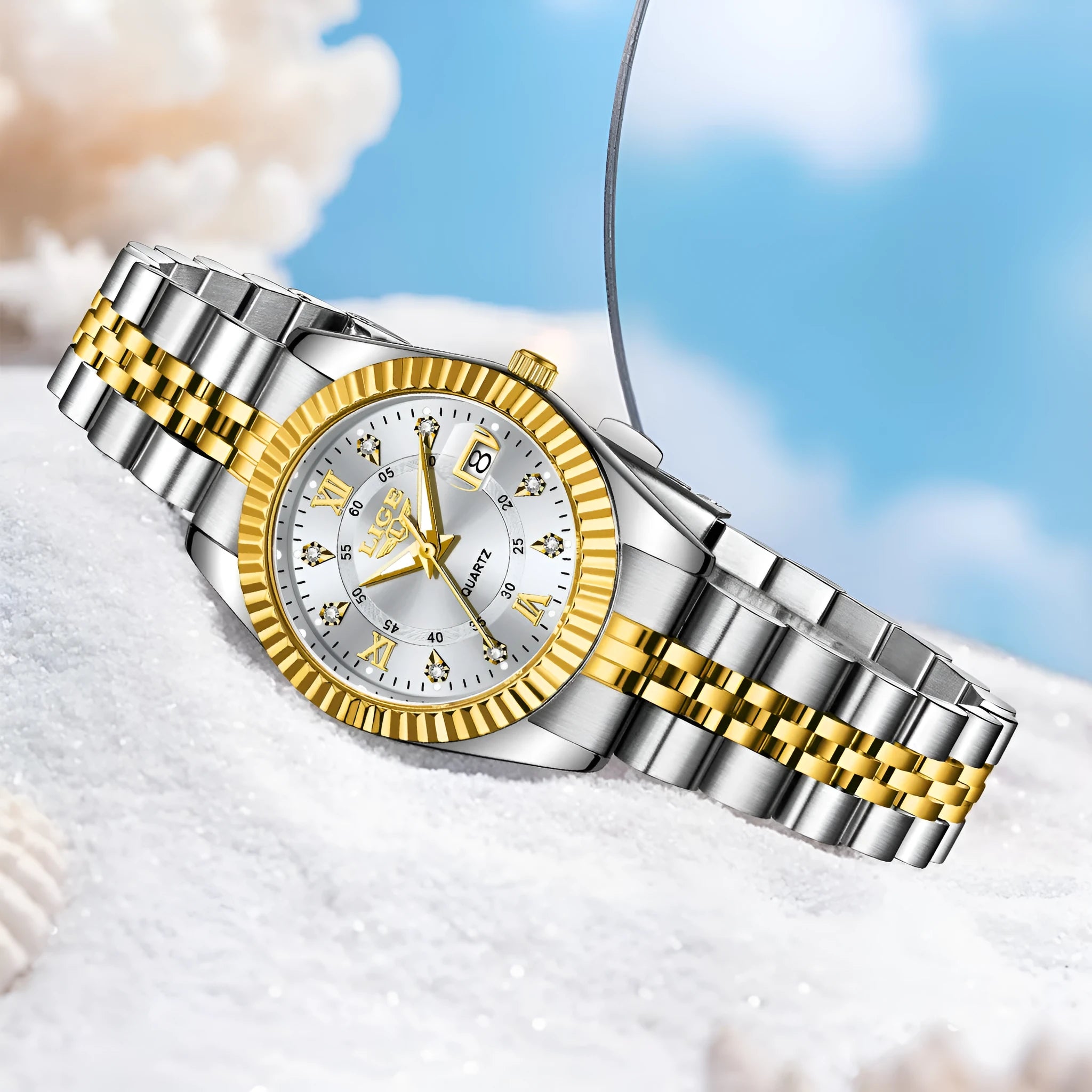 Slim 10mm thick waterproof quartz wristwatch for women in gold and silver colour options.