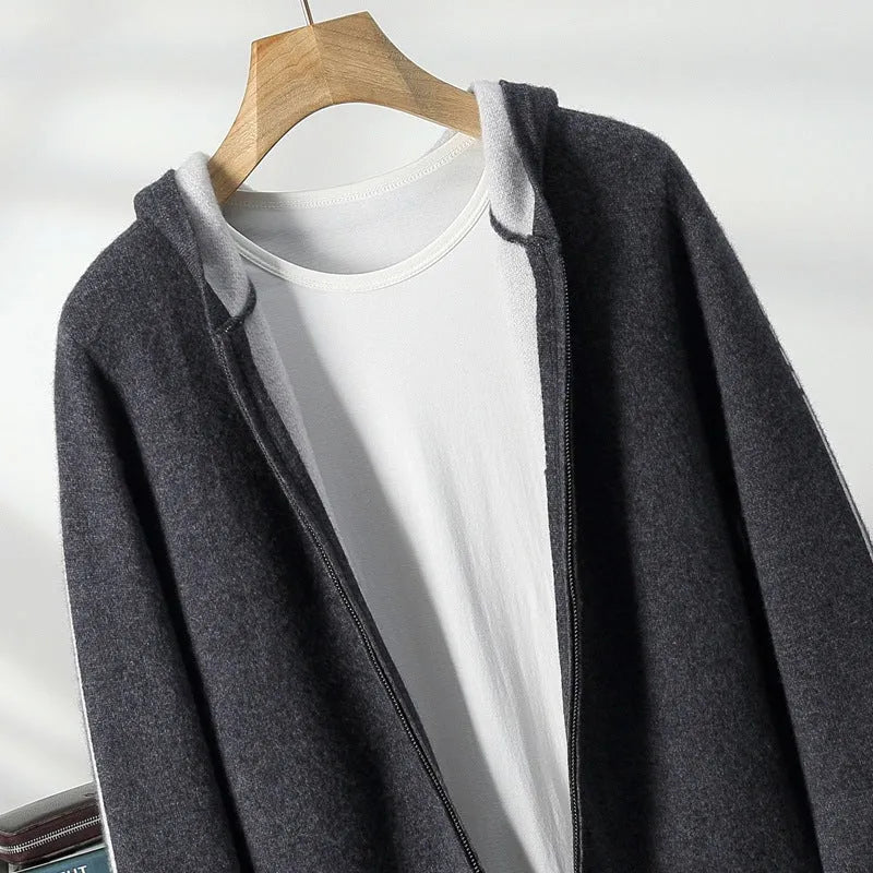 Men's cashmere thickened half-high collar zipper cardigan sweater in dark blue, loose fit, long sleeves