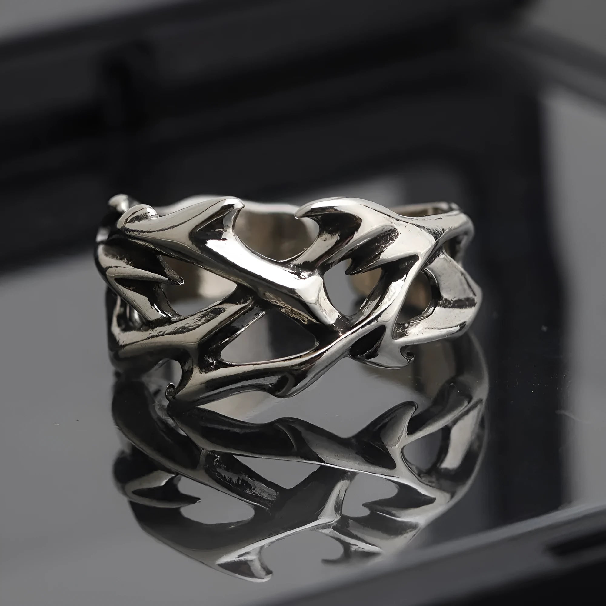 Copper thorn ring with geometric flower design and adjustable opening