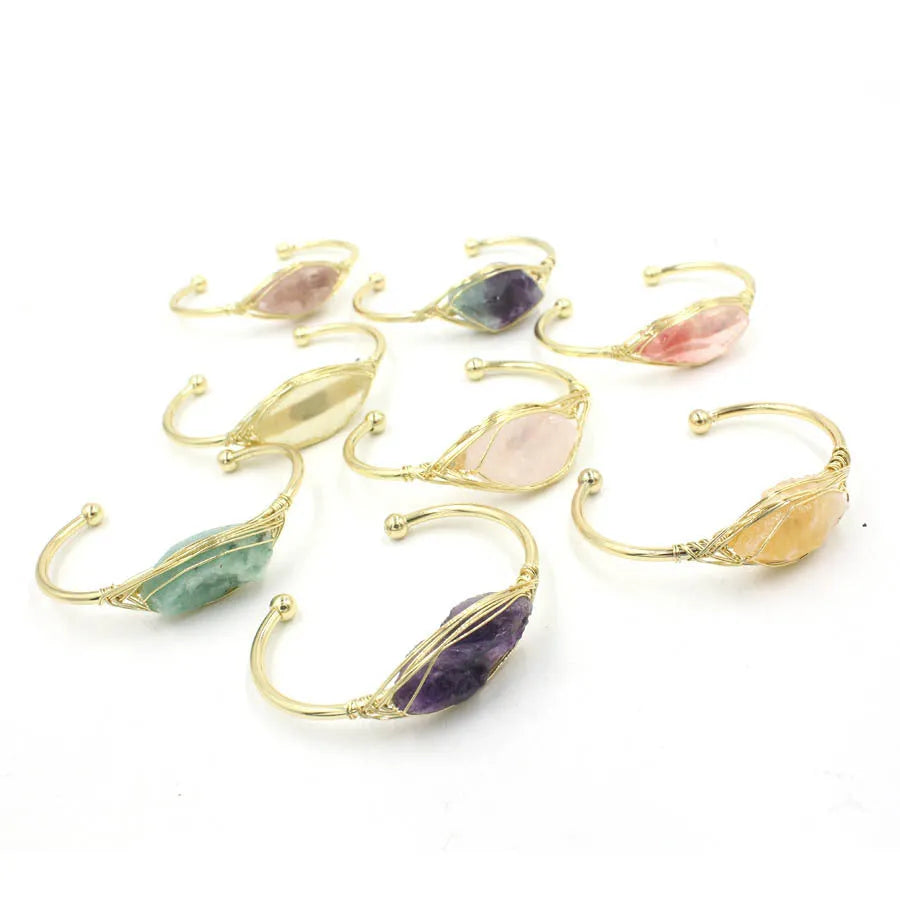 Natural raw gemstone winding bracelet with 8mm amorphous crystal beads in ethnic style design