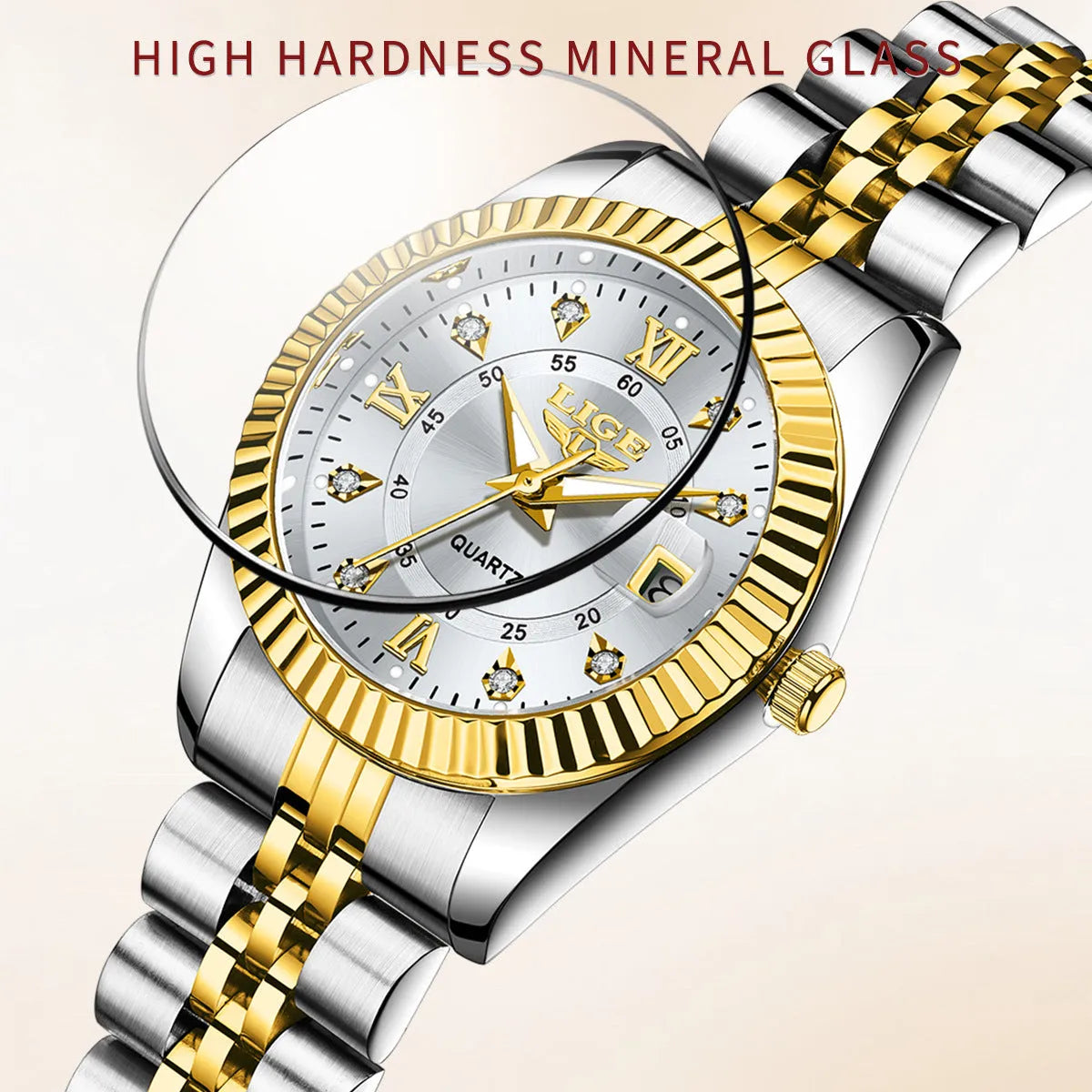 Slim 10mm thick waterproof quartz wristwatch for women in gold and silver colour options.