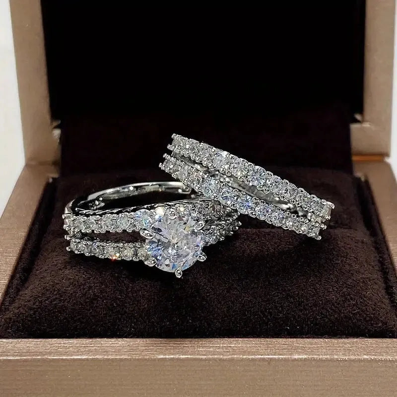 2-in-1 female ring set in alloy with fully jewelled design showing silver, gold, and rose gold colour options