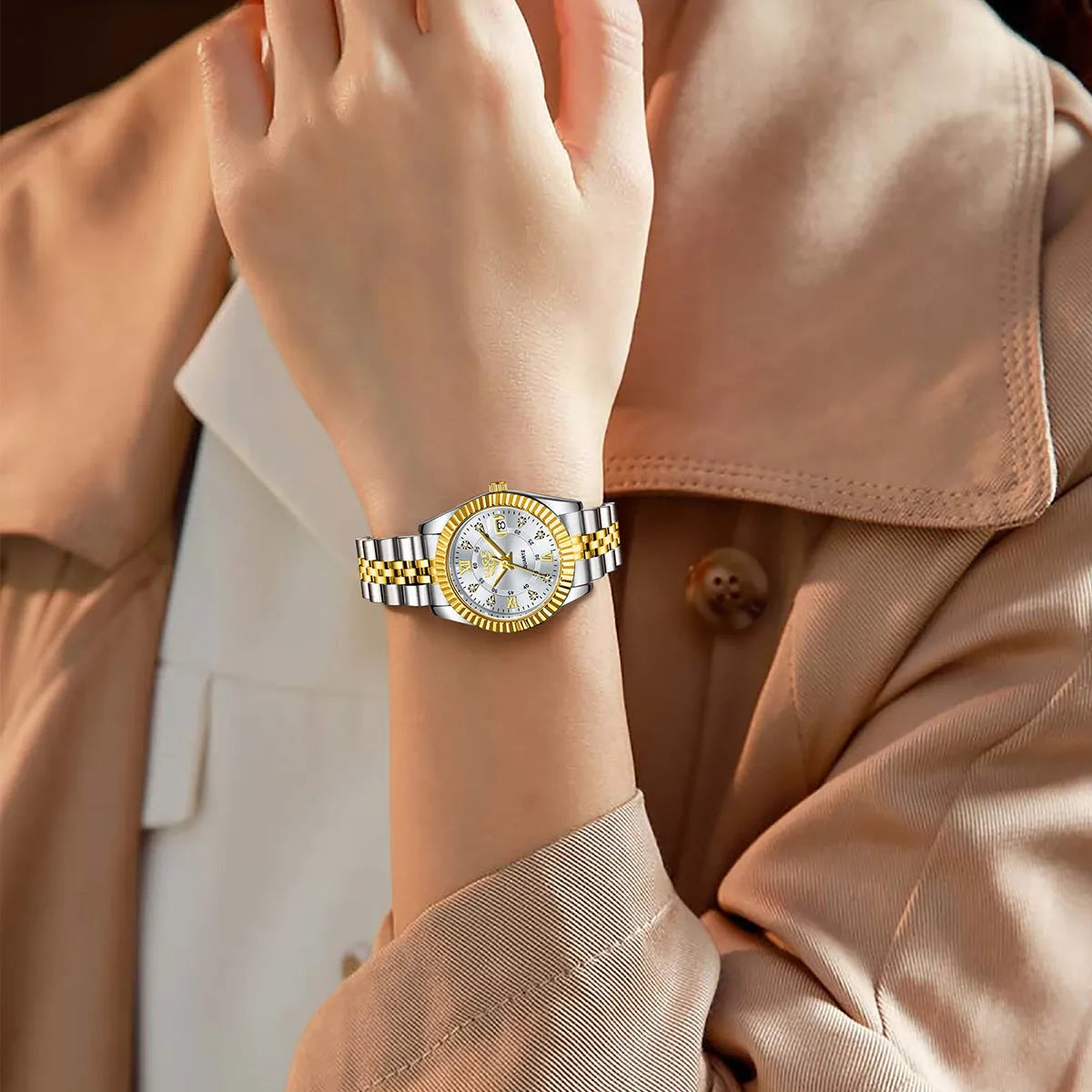 Slim 10mm thick waterproof quartz wristwatch for women in gold and silver colour options.