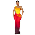 A woman wearing a long gradient colour dress with a cross-shoulder sleeveless design and a high waist.