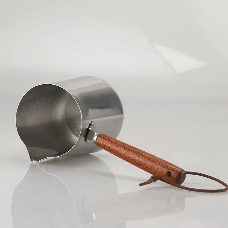 Stainless steel coffee milk pitcher with wooden handle for latte art in three capacity options