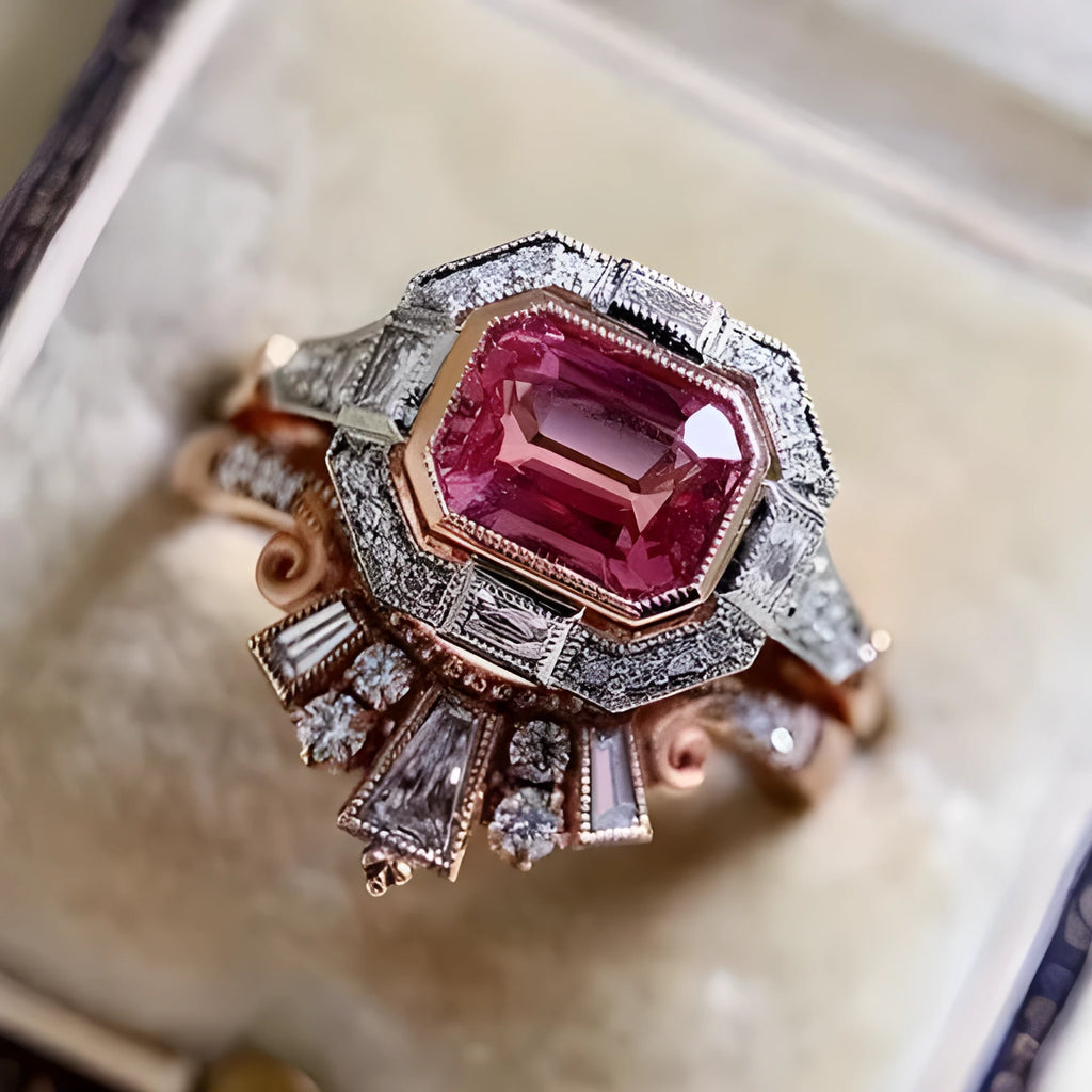 Rose gold-tone women's retro style ring with geometric ruby design on a hand.
