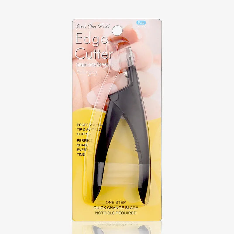 Close-up of stainless steel U-shaped nail art scissors in electrophoresis black finish.