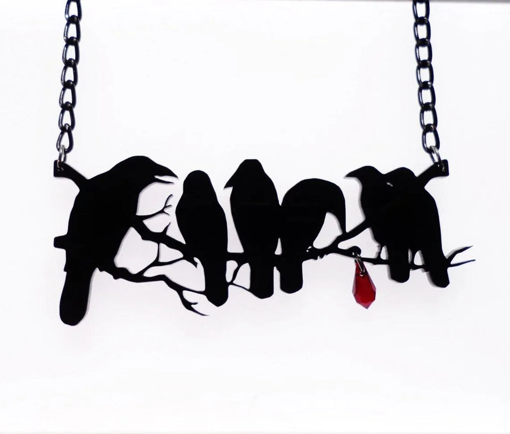 Black electroplated alloy crow pendant necklace with cross chain for women