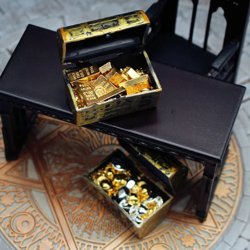 Alloy treasure box doll house miniatures with gold coins and bars for teenage visual development