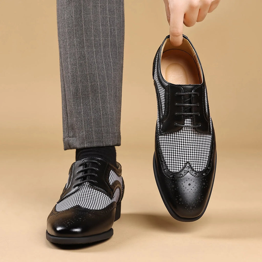 Men's houndstooth plaid casual leather shoes with square toe and lace-up front in four colour options.