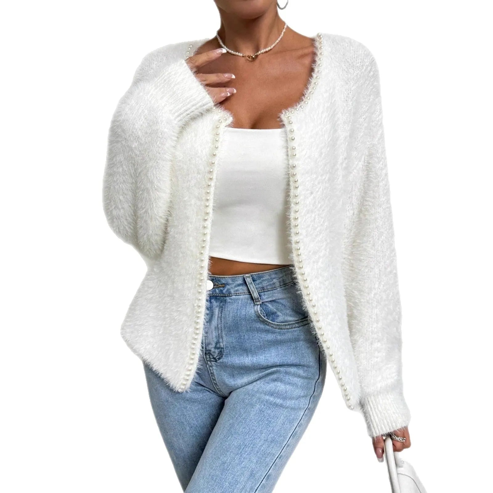 White women's cardigan with V-neck and beaded knit detail, medium thickness polyester fabric