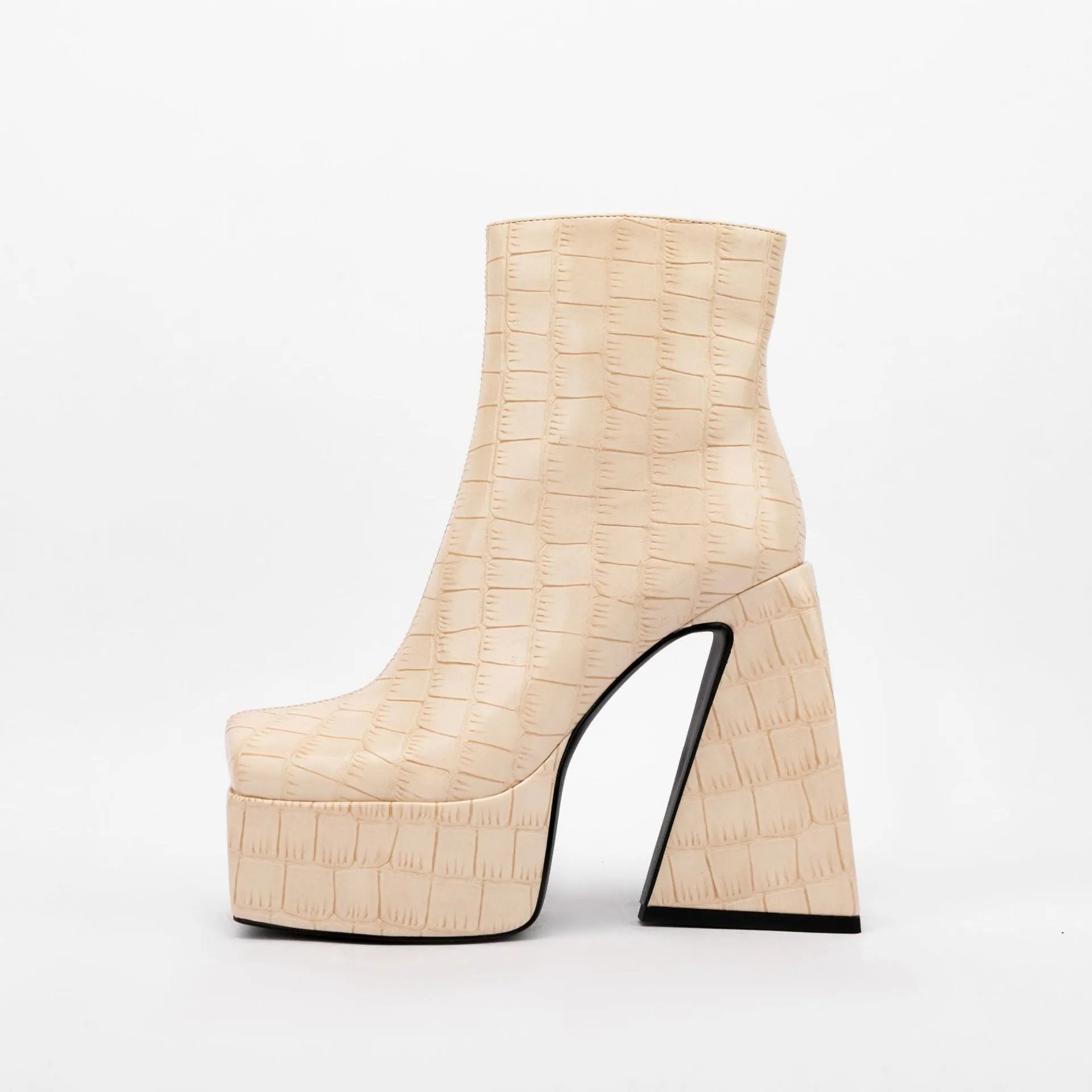 Women's high heel ankle boots in red, green, black, beige, and brown colours with over 8cm heels.