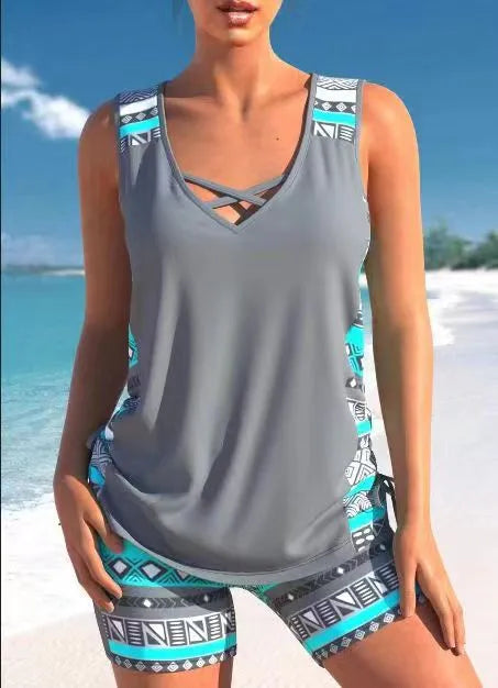 Women's printed lace two-piece swimsuit with floral pattern, blue colour, size options M to 3XL