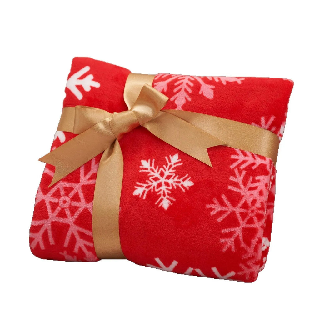 Soft plush flannel Christmas blanket in polyester fibre, shown in an American style, available in multiple sizes and colours.