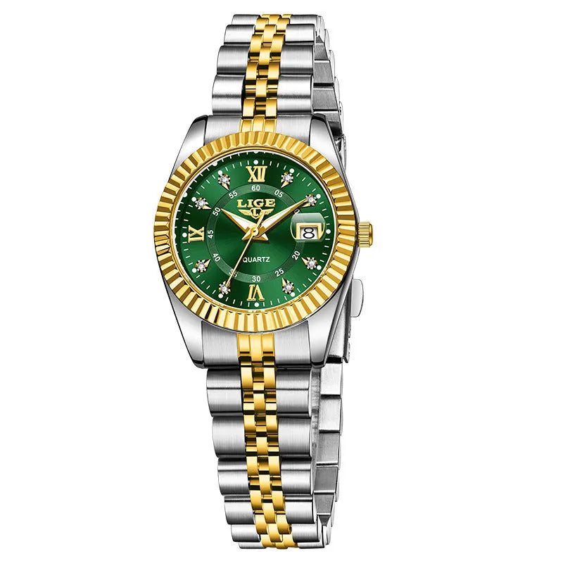 Slim 10mm thick waterproof quartz wristwatch for women in gold and silver colour options.