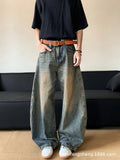 Men's retro blue distressed denim wide-leg pants with vintage styling and slimming silhouette