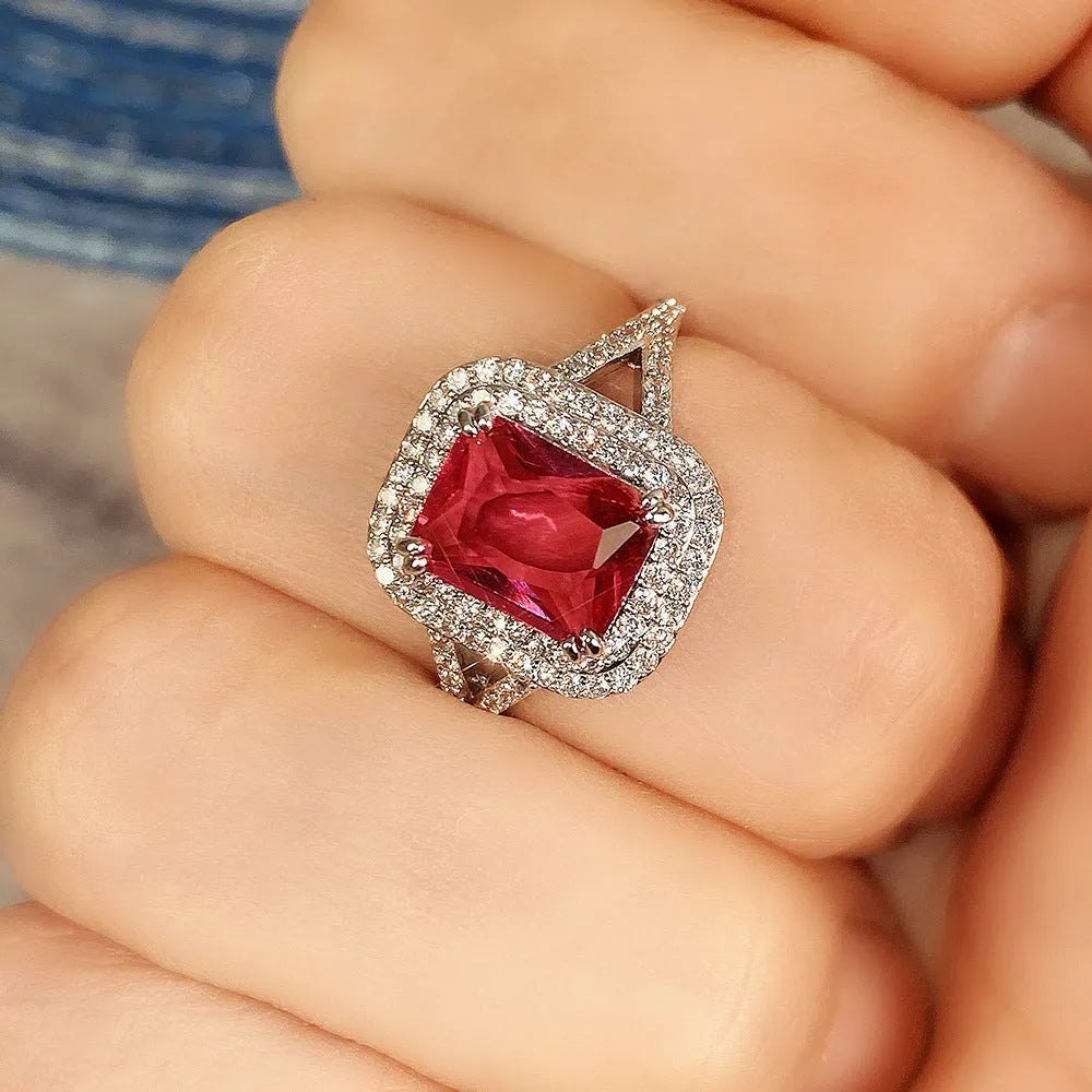 Copper square geometric women's ring with red rhinestone stone