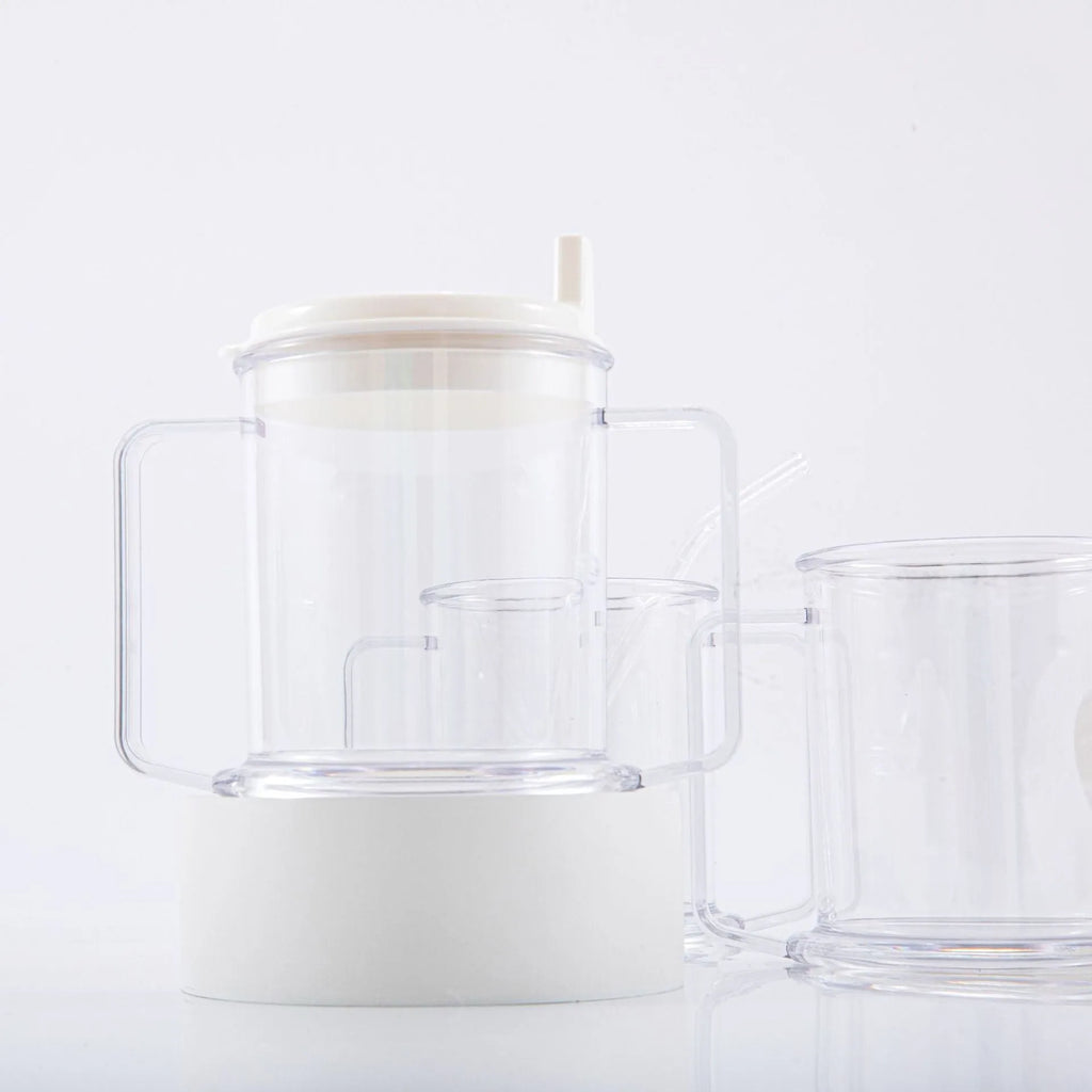 Transparent plastic spill-proof drinking cup showing 14cm height and 12cm brim.