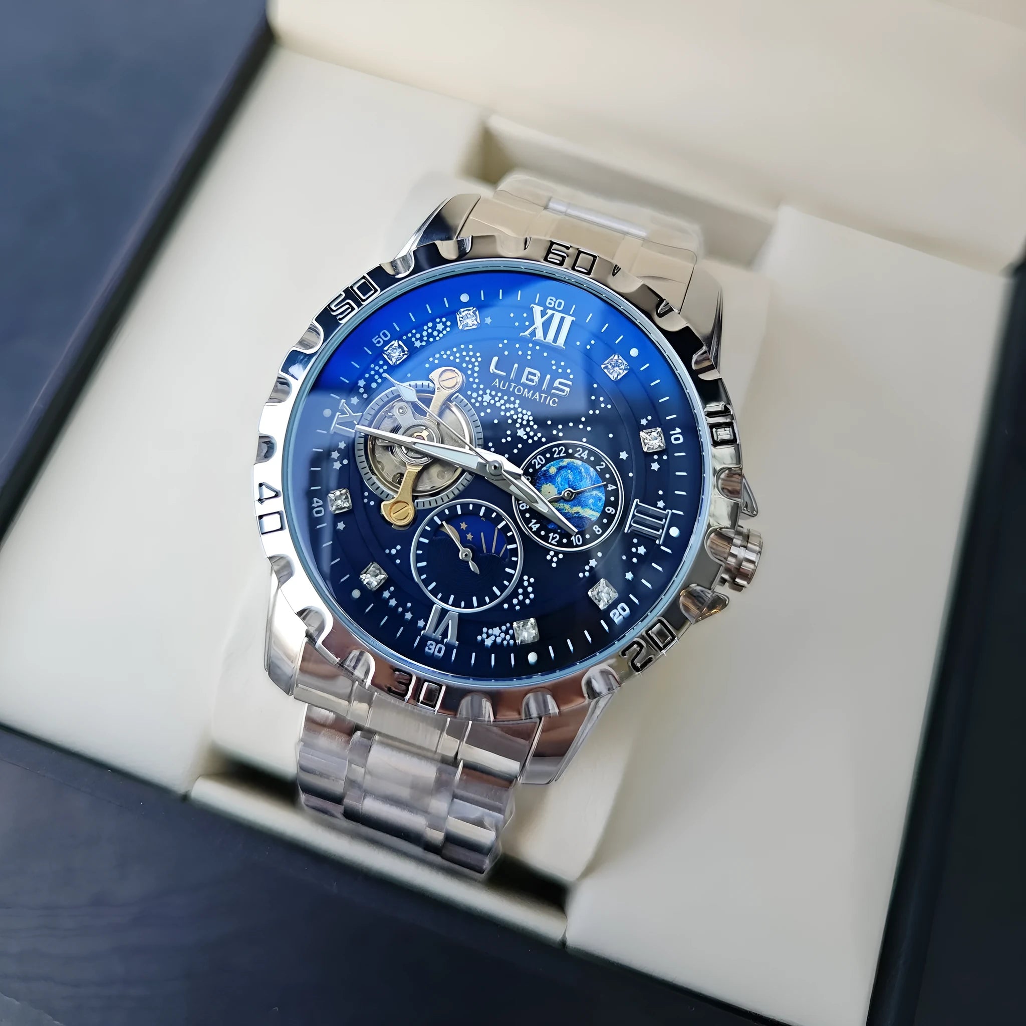 Men's silver case black starry dial automatic mechanical watch with leather strap