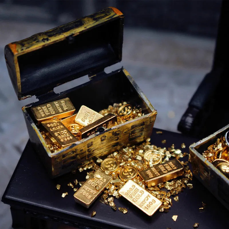Alloy treasure box doll house miniatures with gold coins and bars for teenage visual development