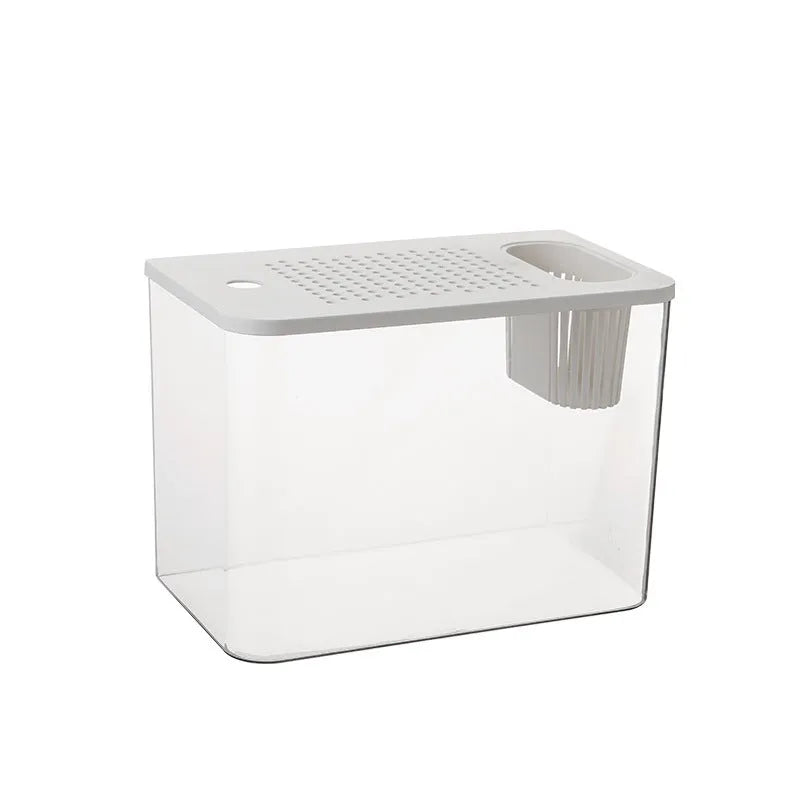Medium plastic betta fish tank with cover in living room setting showing black and white colour options