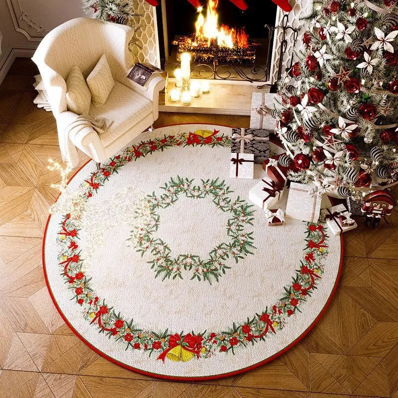 Red Christmas-themed round carpet with festive patterns available in multiple diameters from 60cm to 200cm