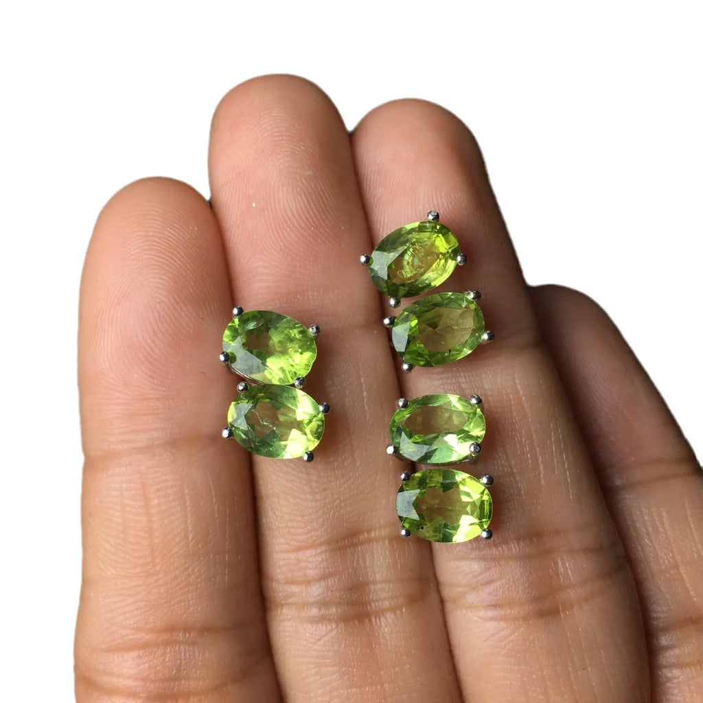 S925 sterling silver stud earrings with oval green olivine gemstone