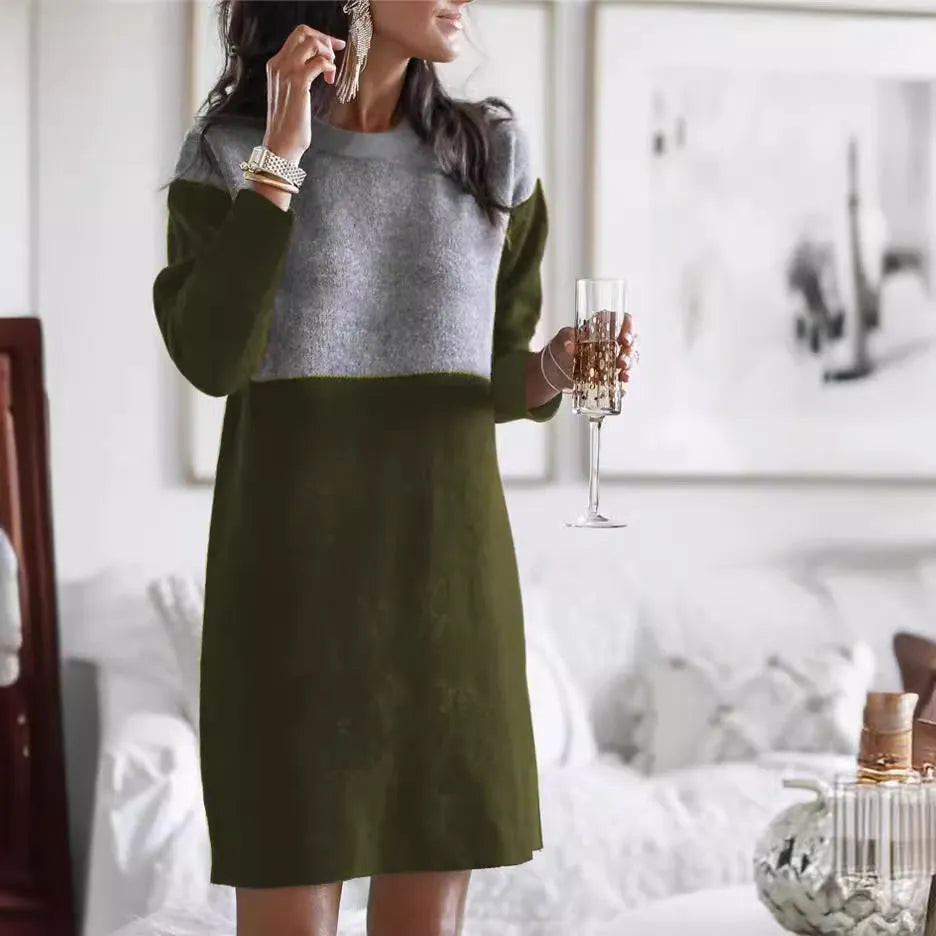 Brown women's polar fleece sweater dress with princess skirt and patchwork stitching details