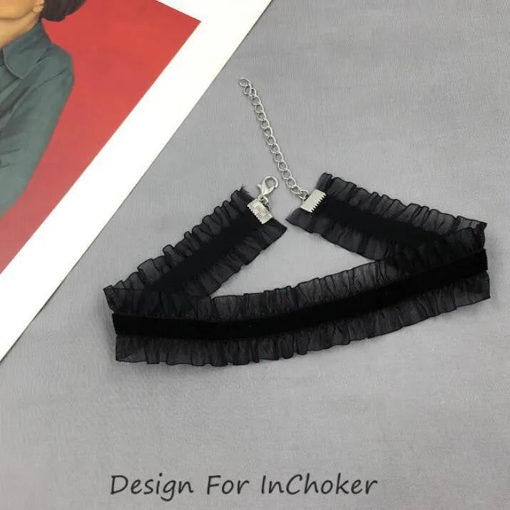 Alloy velvet flower pendant necklace with snake bones chain and ruffled clavicle section in black, light coffee, or white.