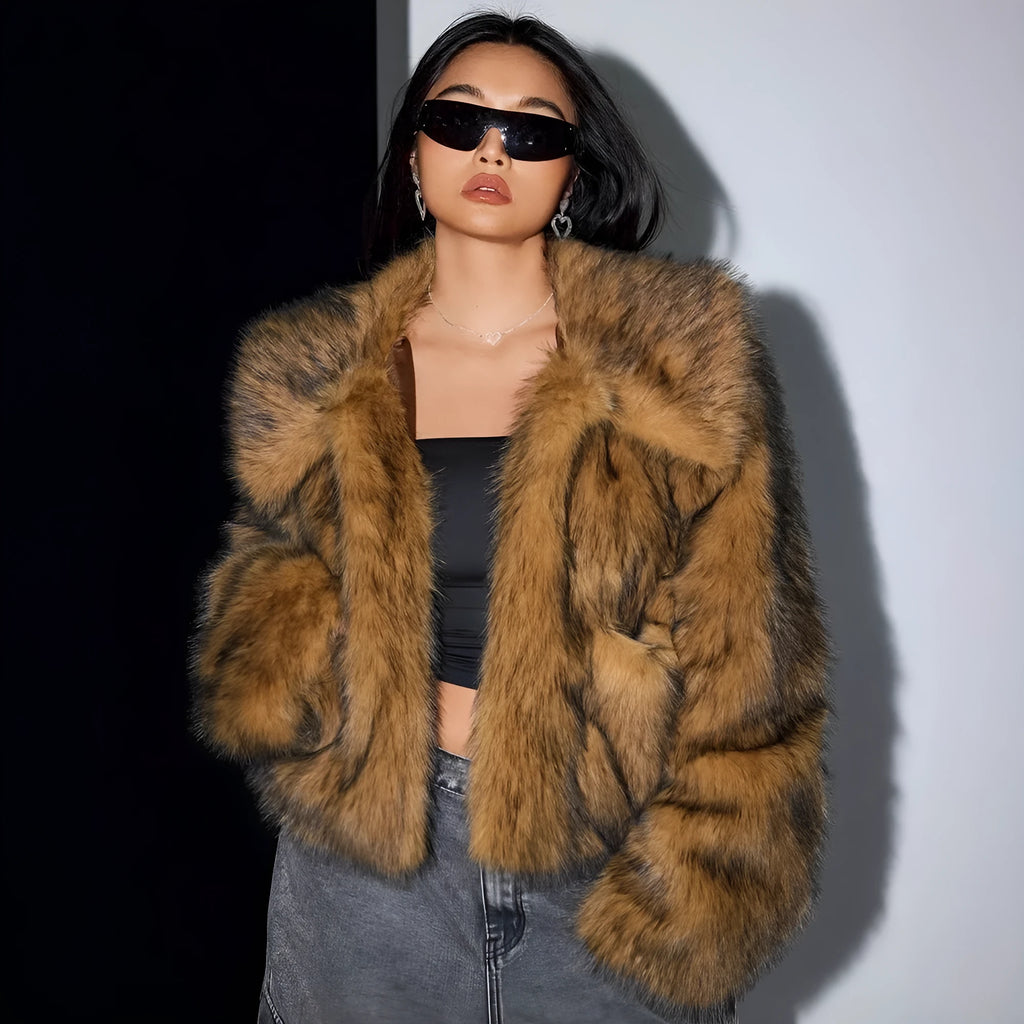 Womens faux fur coat short length long sleeve fur collar cute style warm winter jacket
