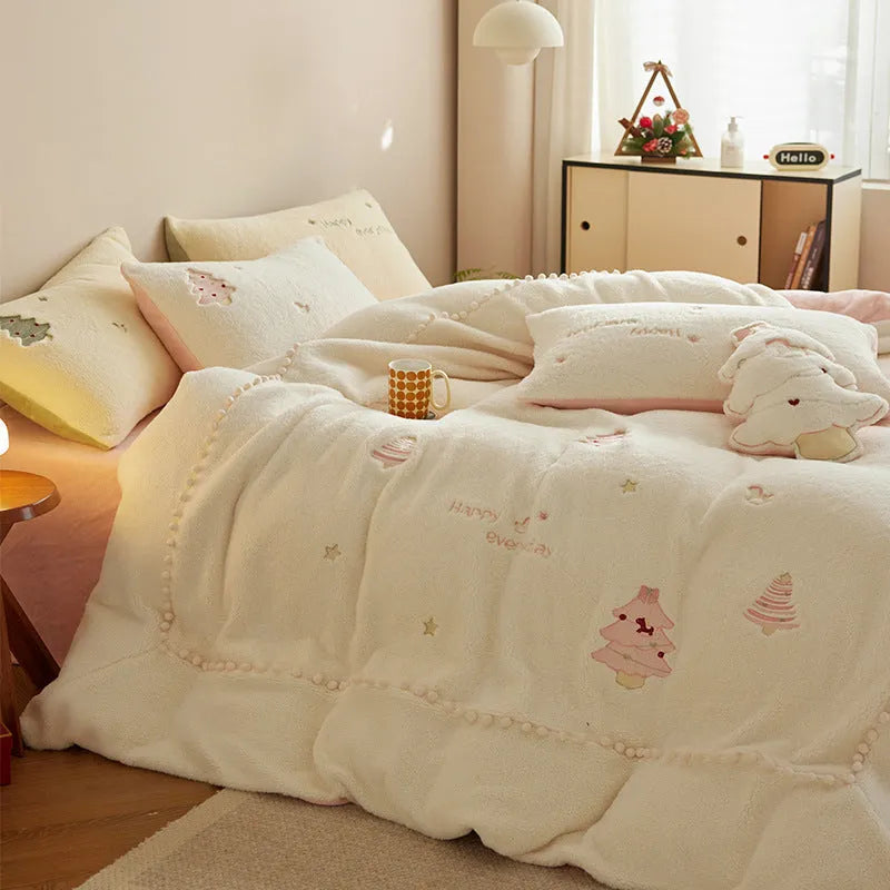 Milk fibre bedding four-piece set with green Christmas tree pattern showing quilt cover, sheet, and pillowcases