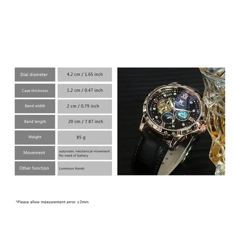 Men's automatic mechanical watch with hollow skeleton dial, black leather strap, rose gold case