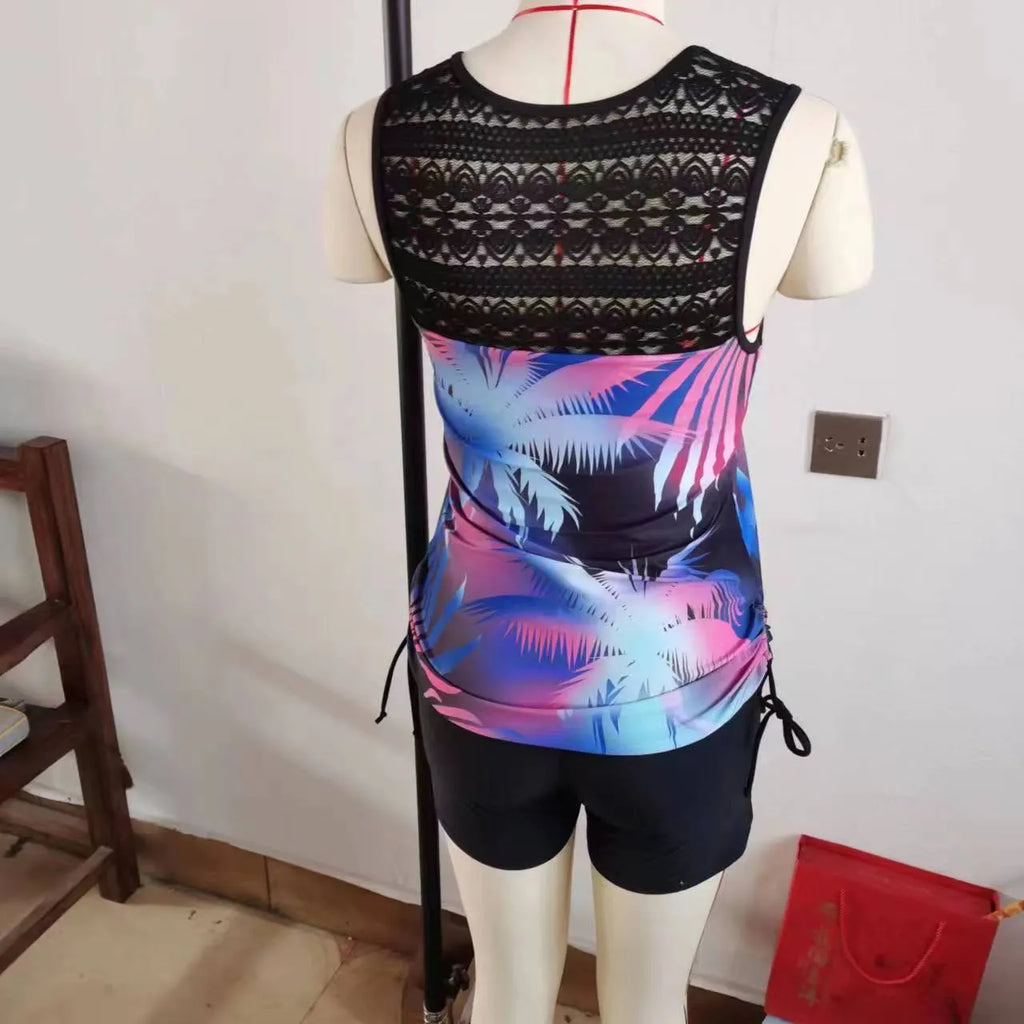 Women's printed lace two-piece swimsuit with floral pattern, blue colour, size options M to 3XL