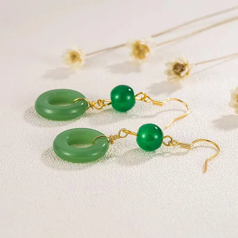 Geometric cheongsam peace buckle earrings in jade green zinc alloy