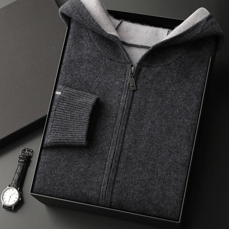 Men's cashmere thickened half-high collar zipper cardigan sweater in dark blue, loose fit, long sleeves