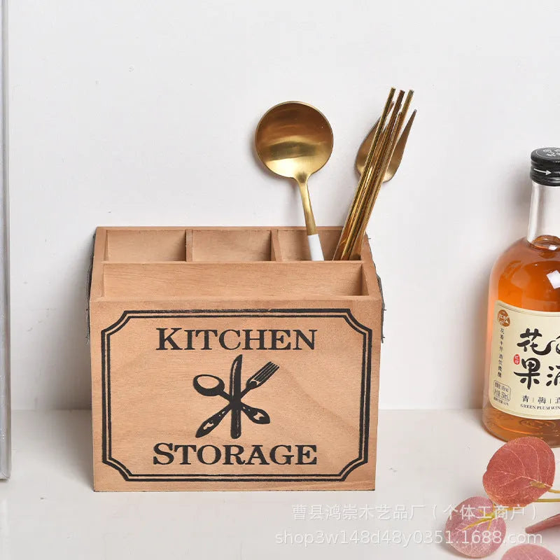 Wooden kitchen storage box with grid compartments for knives forks and chopsticks