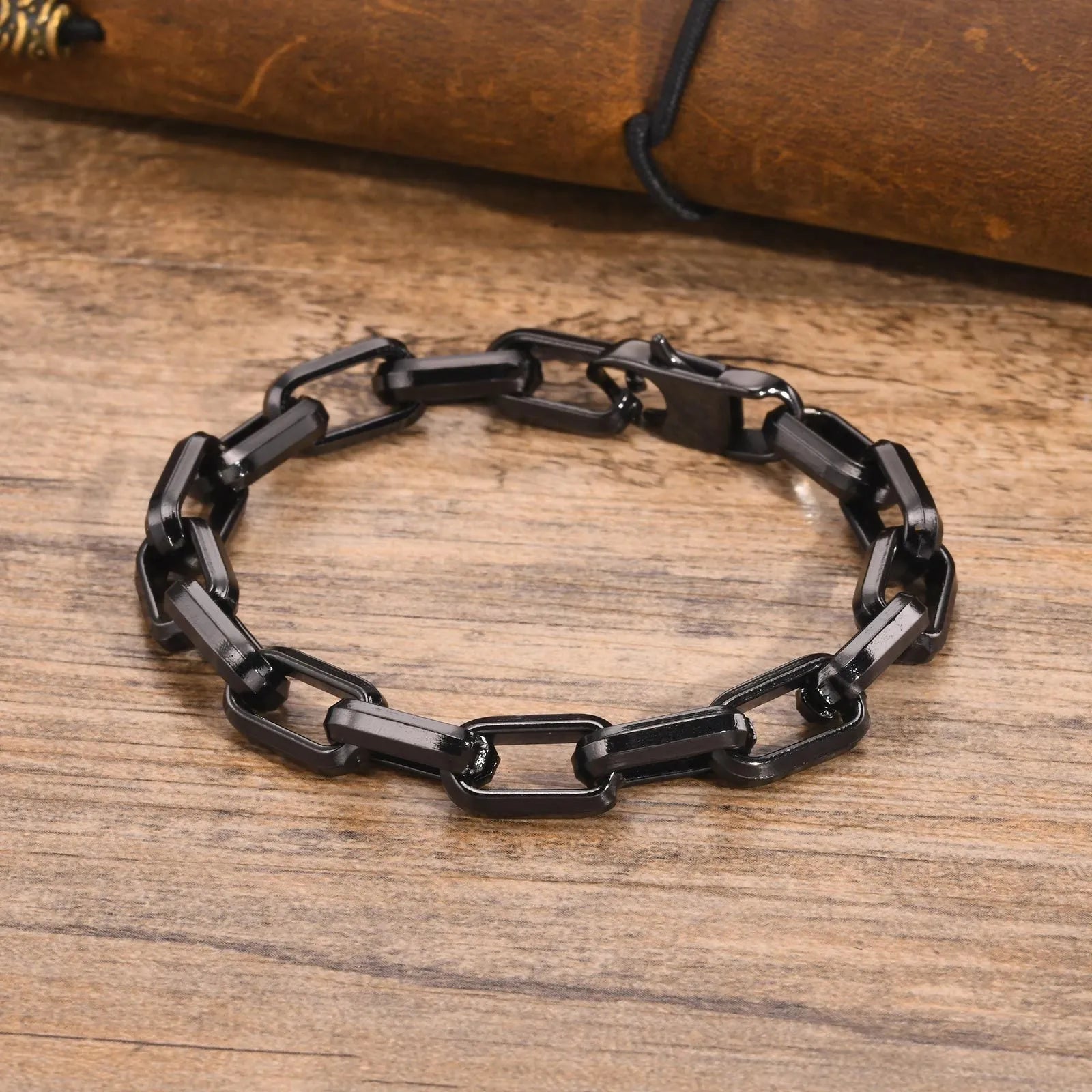 Men's titanium steel square chain bracelet in black, gold, retro, or steel colour.