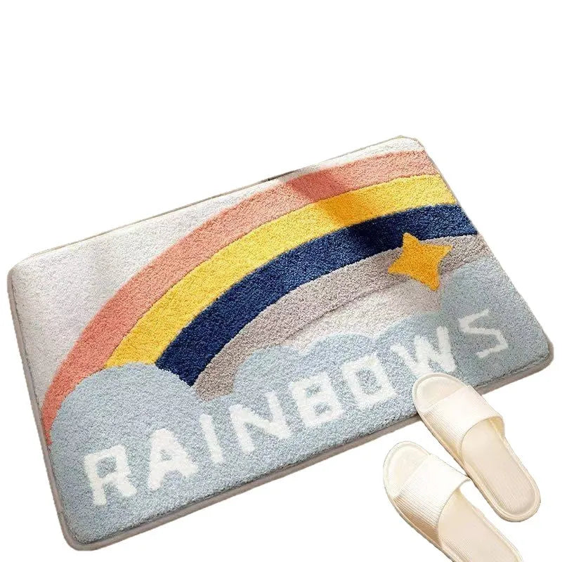 Square rainbow pattern floor mat with sky and sea colours, plastic bottom resistant to dirt