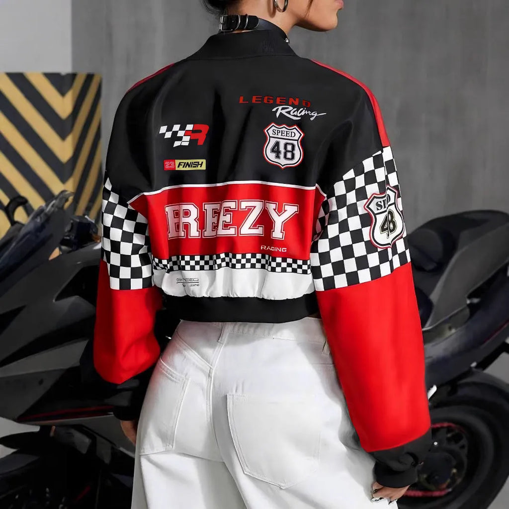 Women's loose polyester digital print zipper jacket in geometric pattern, long sleeves, front view