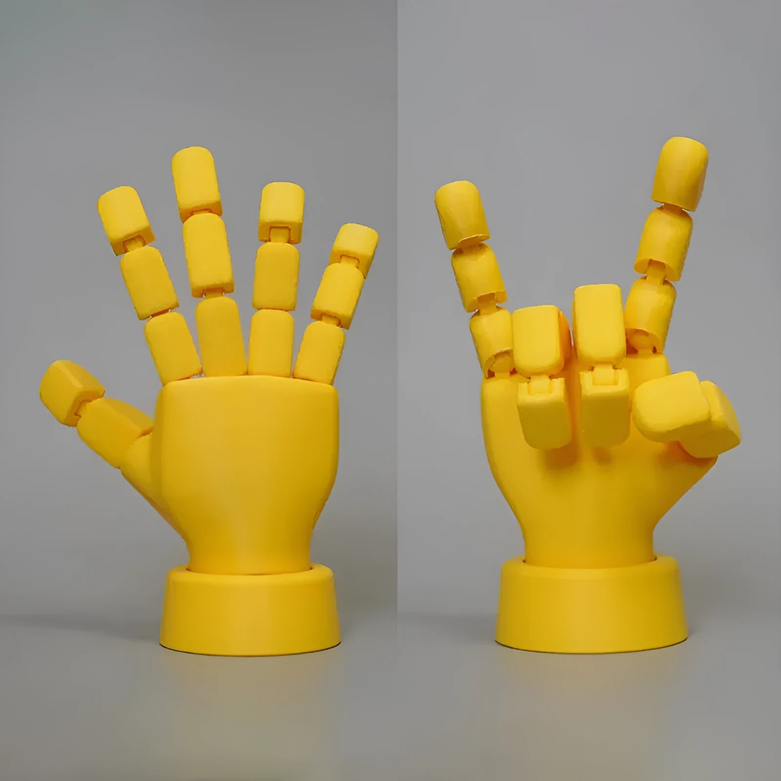 Yellow PLA movable joint hand prop for animation and photography measuring 5x5.38x7.5 cm