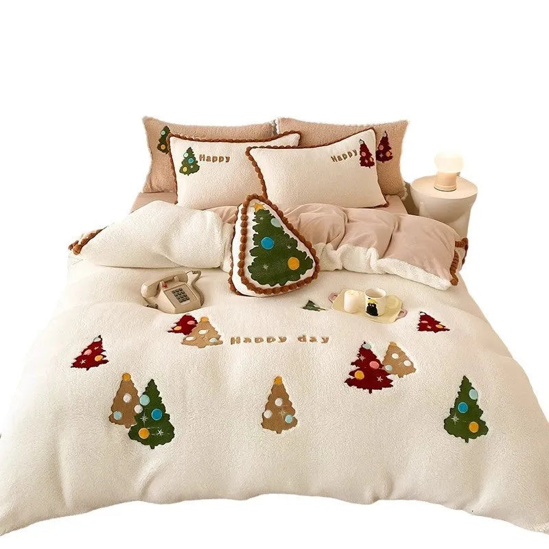 Bright yellow fleece-lined bedding set with cartoon Christmas trees, showing quilt cover and pillowcases.