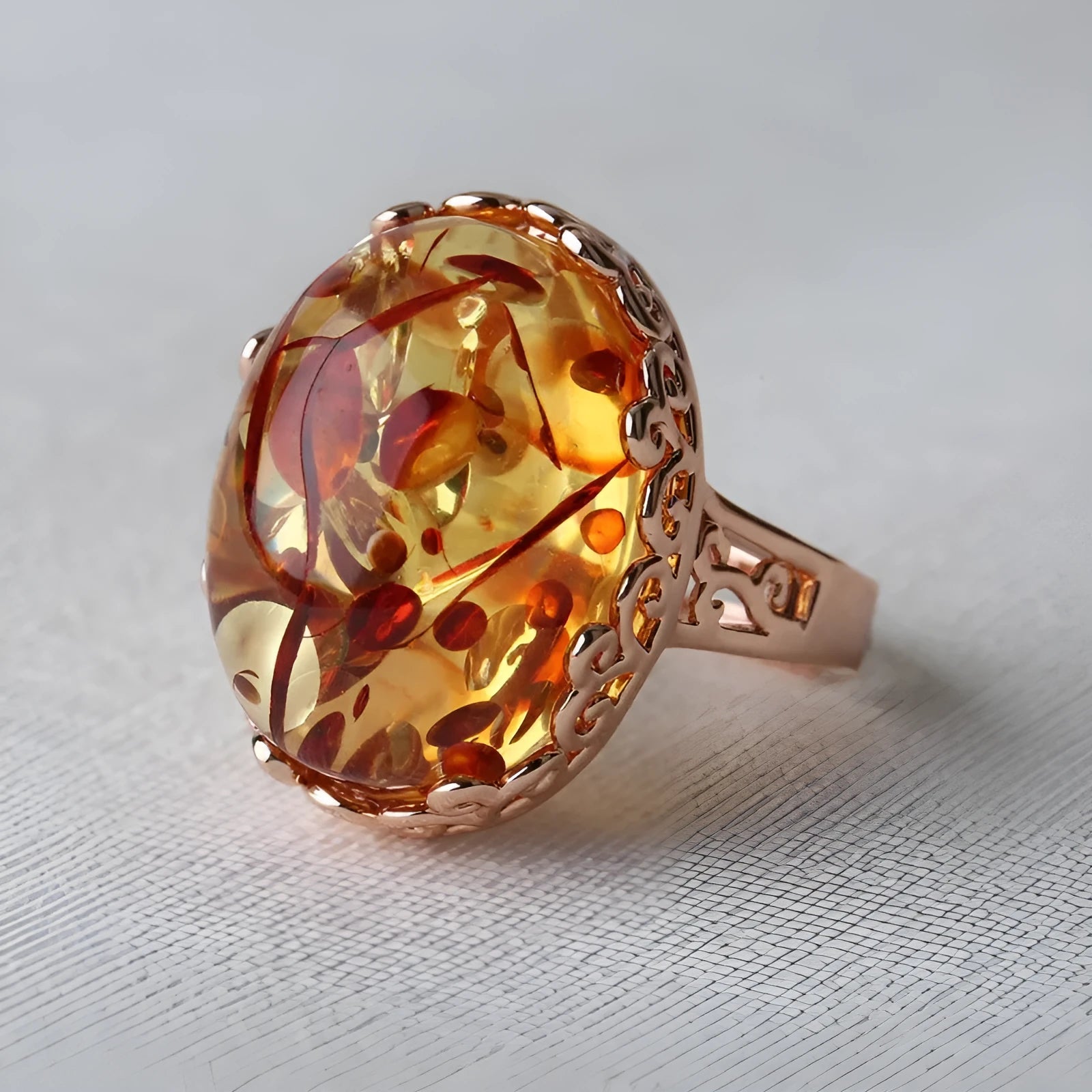 Amber beeswax ring with new amber type A stone on alloy band, ethnic retro style jewellery