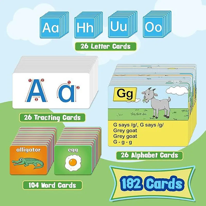Alphabet learning wall chart measuring 60x40cm with sets of word, letter, picture, and song cards.