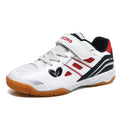 Breathable and non-slip lightweight badminton shoes in white and blue colour with low-top design and PVC rib sole