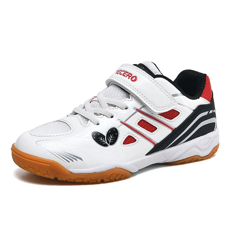 Breathable and non-slip lightweight badminton shoes in white and blue colour with low-top design and PVC rib sole