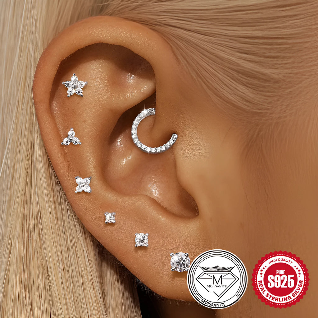 S925 sterling silver stud earrings with geometric petal design in platinum colour