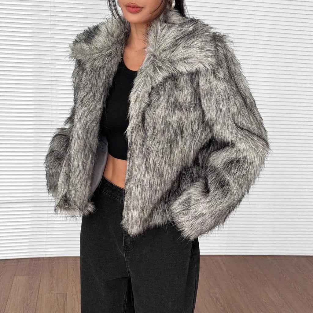 Womens faux fur coat short length long sleeve fur collar cute style warm winter jacket