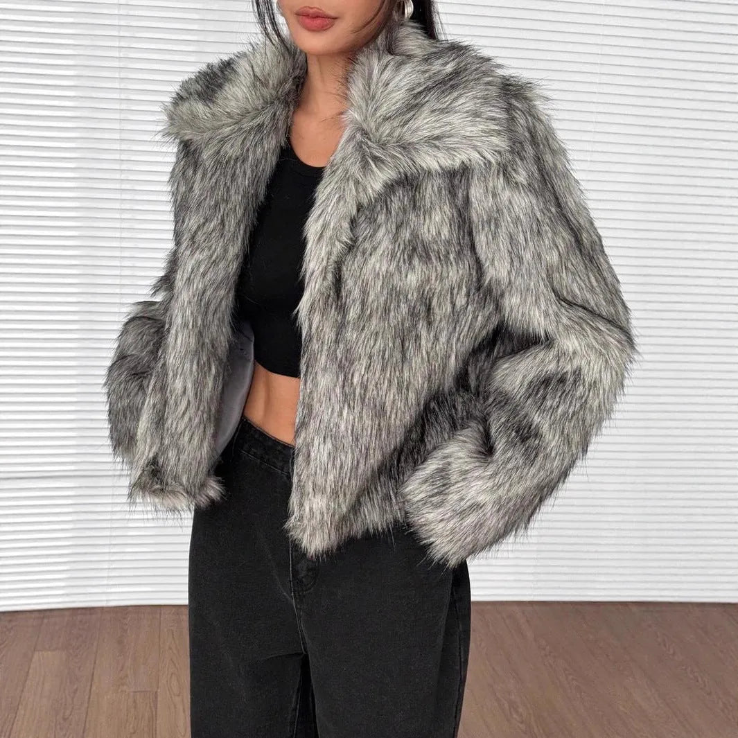 Womens faux fur coat short length long sleeve fur collar cute style warm winter jacket