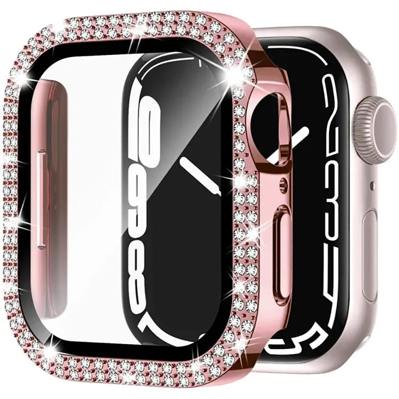Double diamond glass Apple Watch case in rose pink colour showing peep-proof protection design